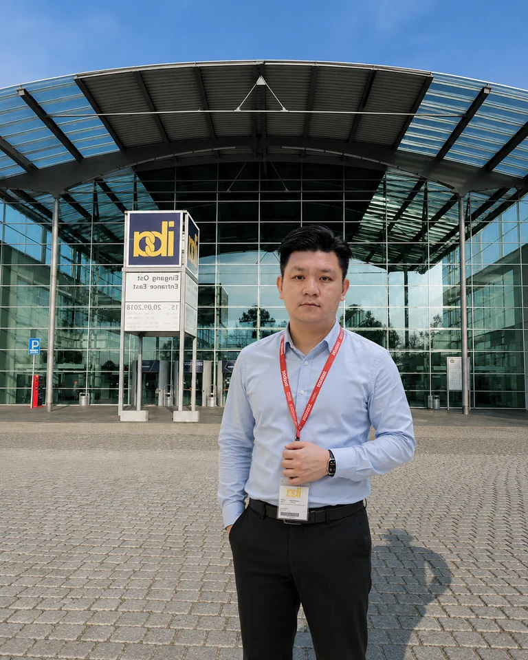 A Wanttone representative outside the exhibition venue in Germany