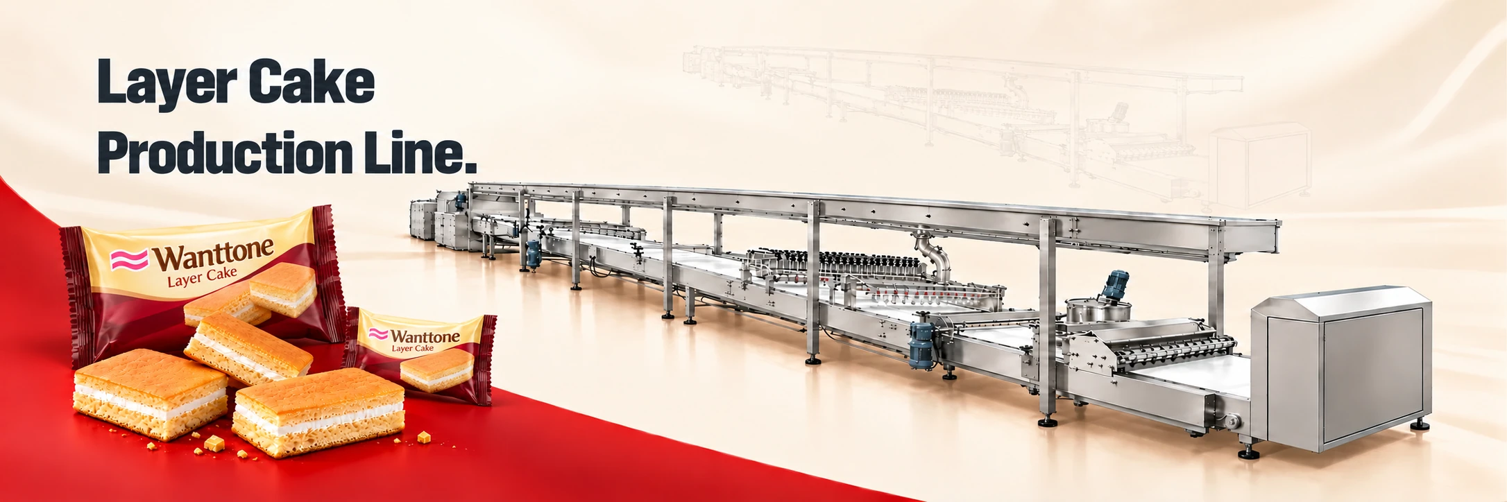 Promotional illustration of Wanttone layer cake forming equipment with Wanttone Layer Cake packs and rectangular cream-filled sponge layer cakes