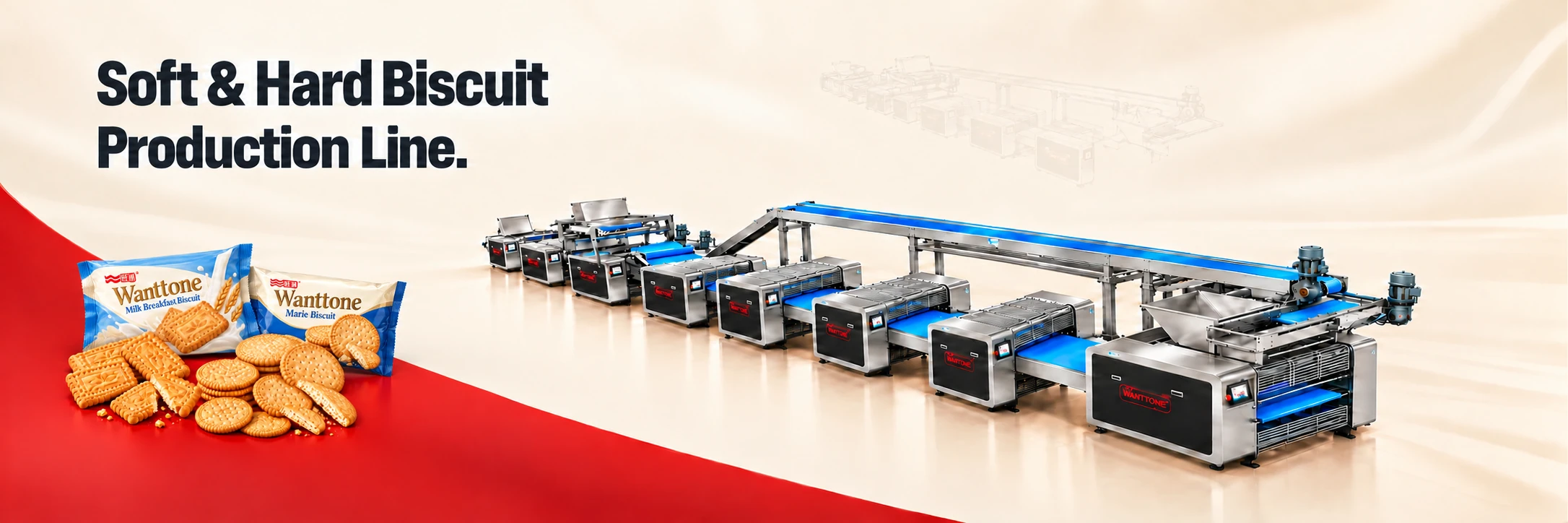 Promotional illustration of Wanttone soft and hard biscuit forming equipment with Wanttone retail packs, soft biscuits and Marie biscuits
