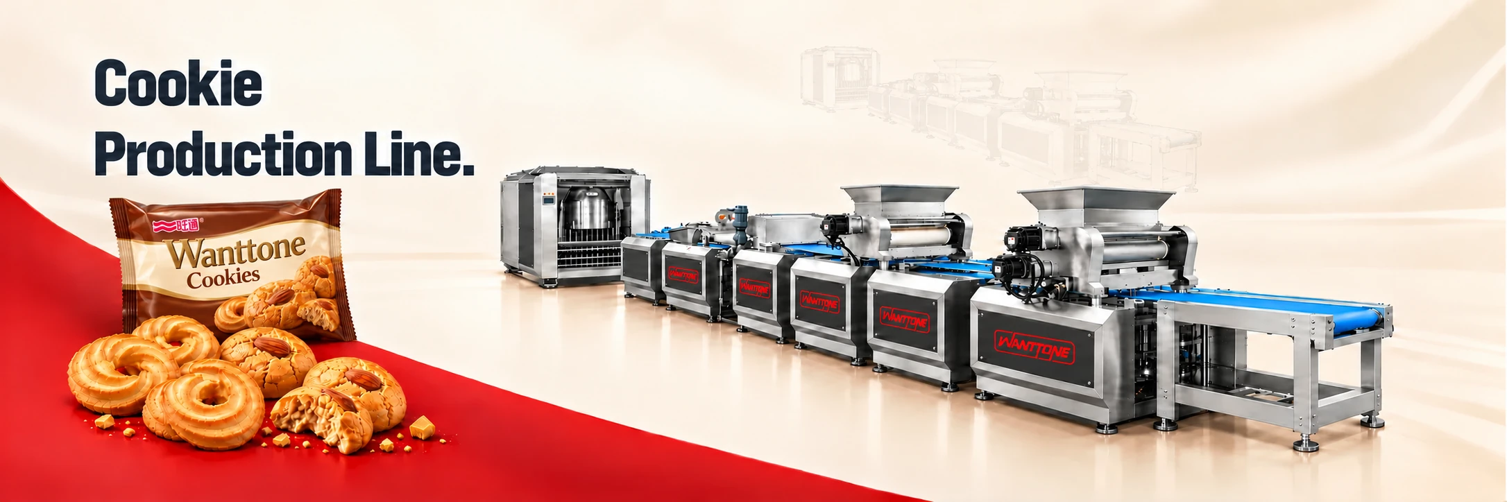 Promotional illustration of cookie forming equipment with red Wanttone logos on dark side panels, a Wanttone Cookies retail pack, piped ring cookies and almond cookies