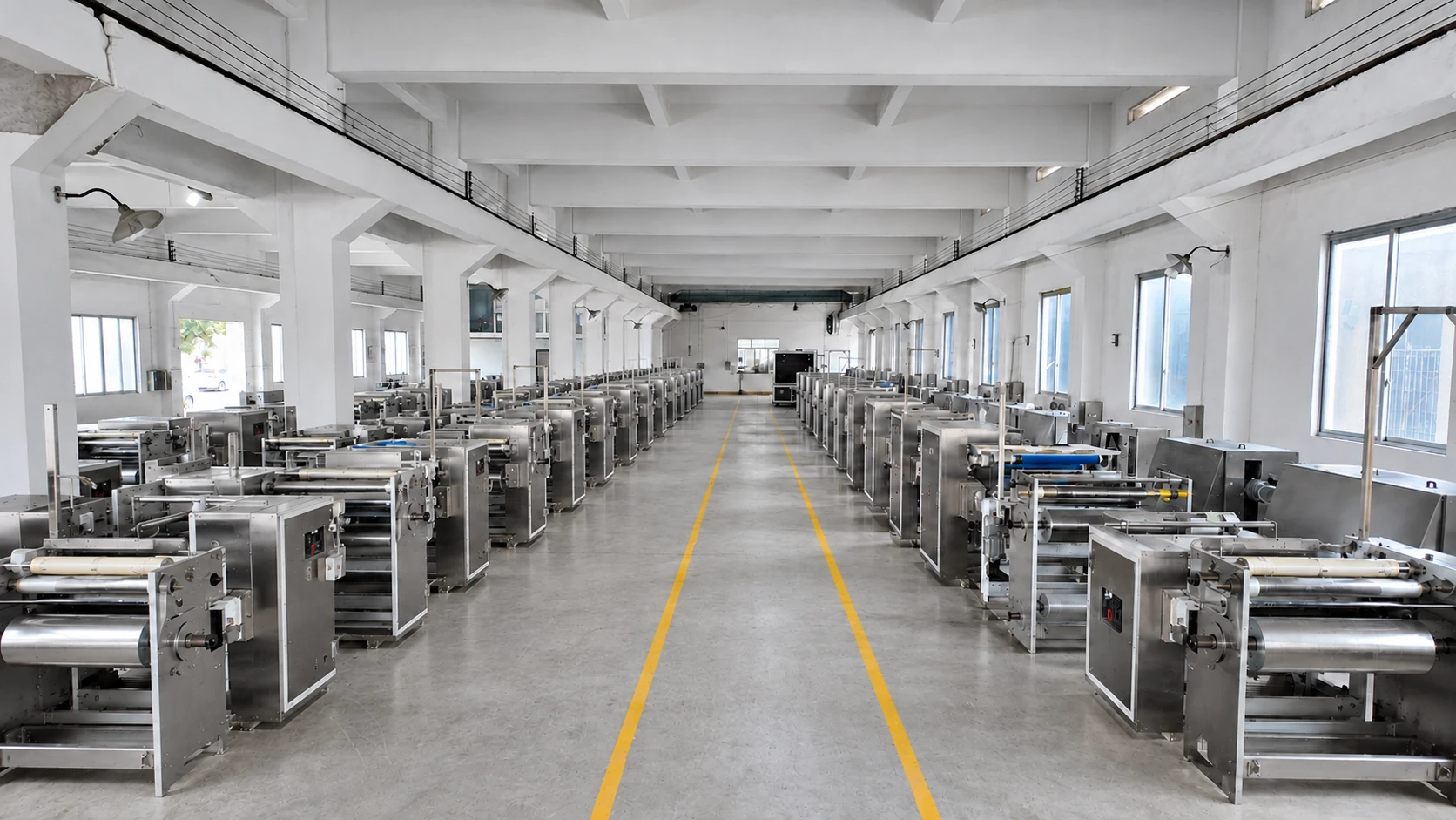 Wanttone biscuit machinery assembly workshop in Yangjiang, with equipment arranged along a central aisle