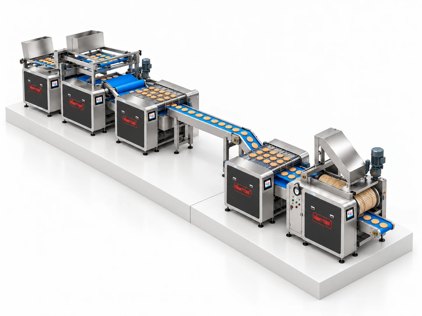 Existing biscuit production equipment connected to an added production cell on an extended white platform