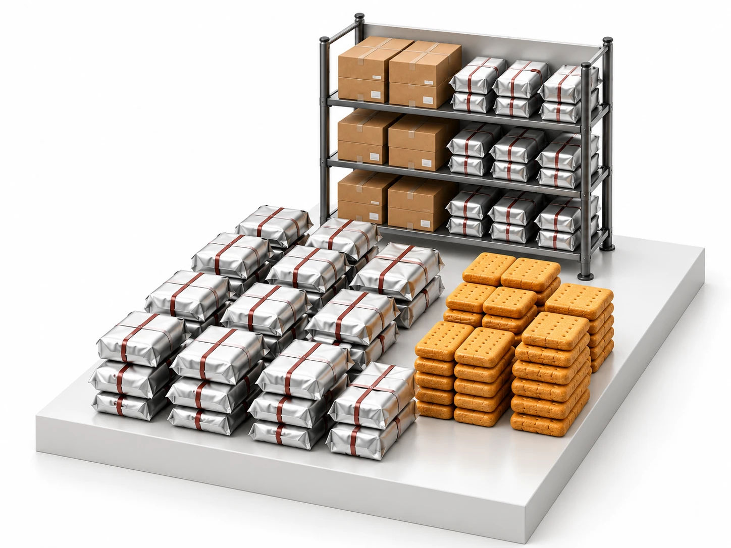 Complete institutional supply scene with stocked shelving, silver-wrapped ration packs and stacks of compressed biscuits on a white platform