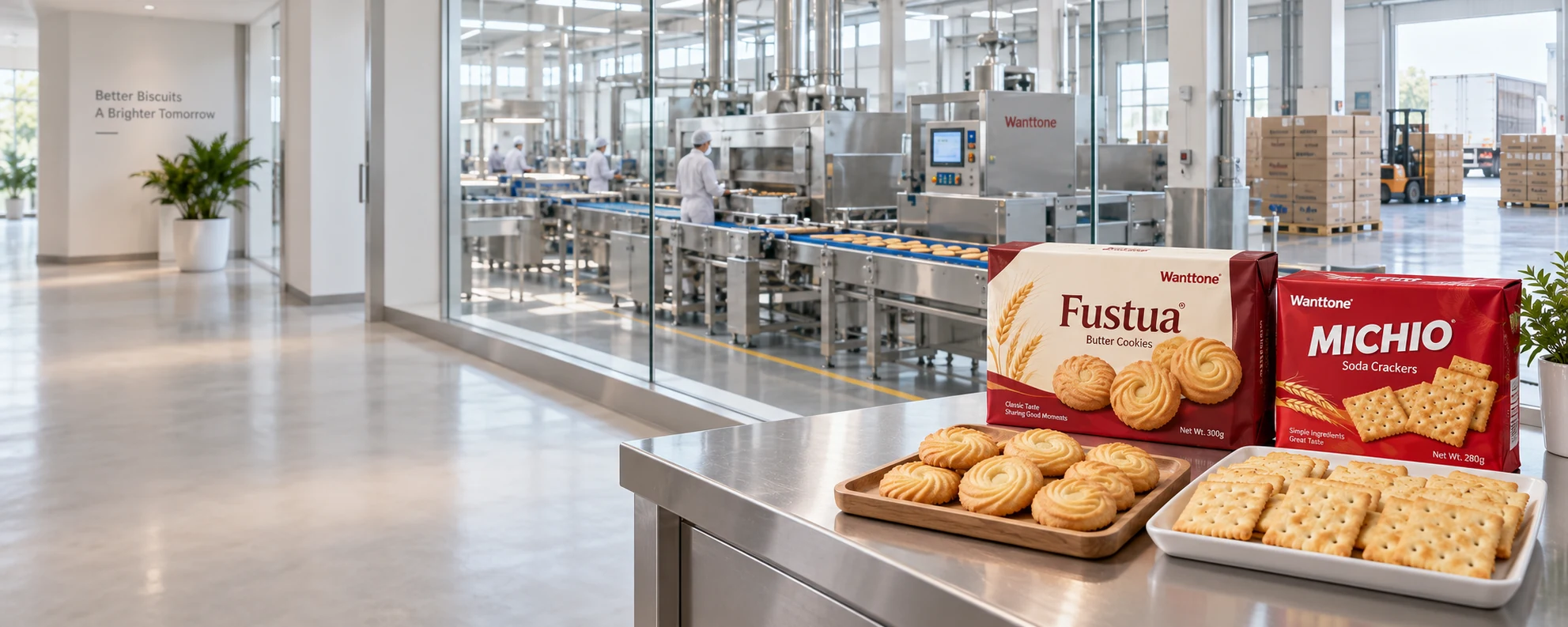 Illustrative scene of Wanttone biscuit samples and retail packs in a factory viewing area, with production equipment and palletized shipments behind glass