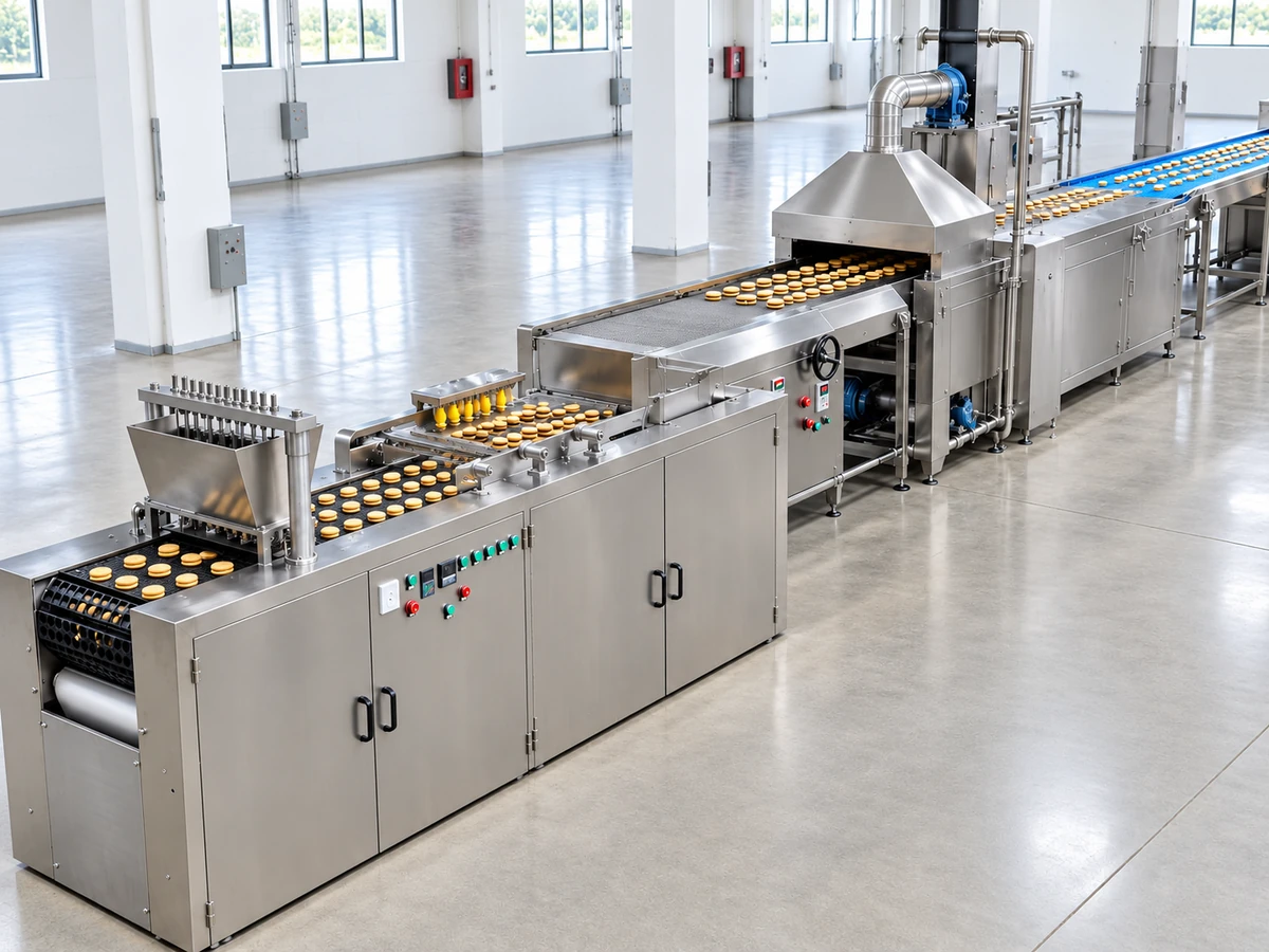 Filled biscuits moving through a production line inside the Wanttone food plant
