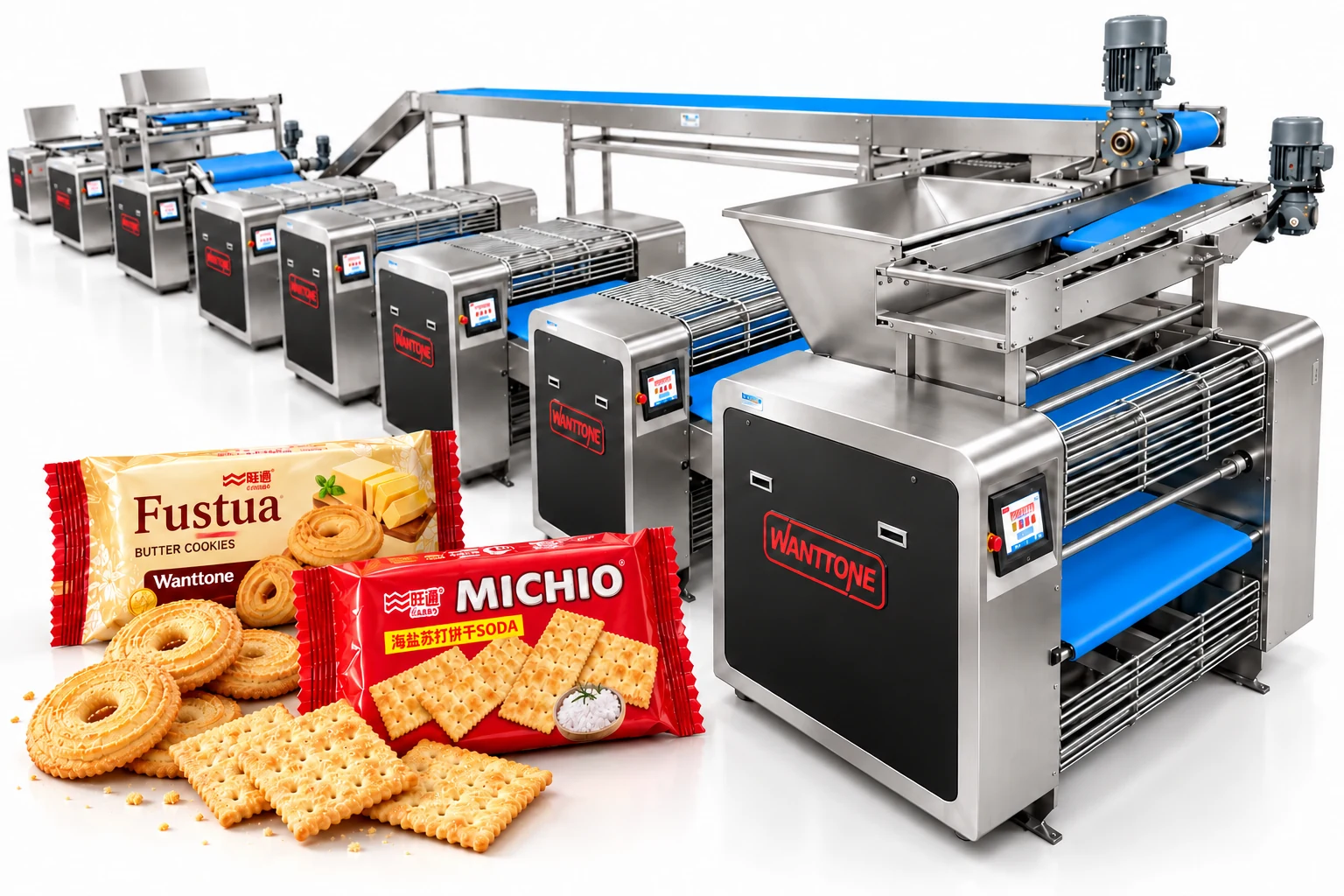 Conceptual studio composition of the Wanttone biscuit line in a close three-quarter view with Fustua and Michio packs, butter cookies and crackers in the foreground