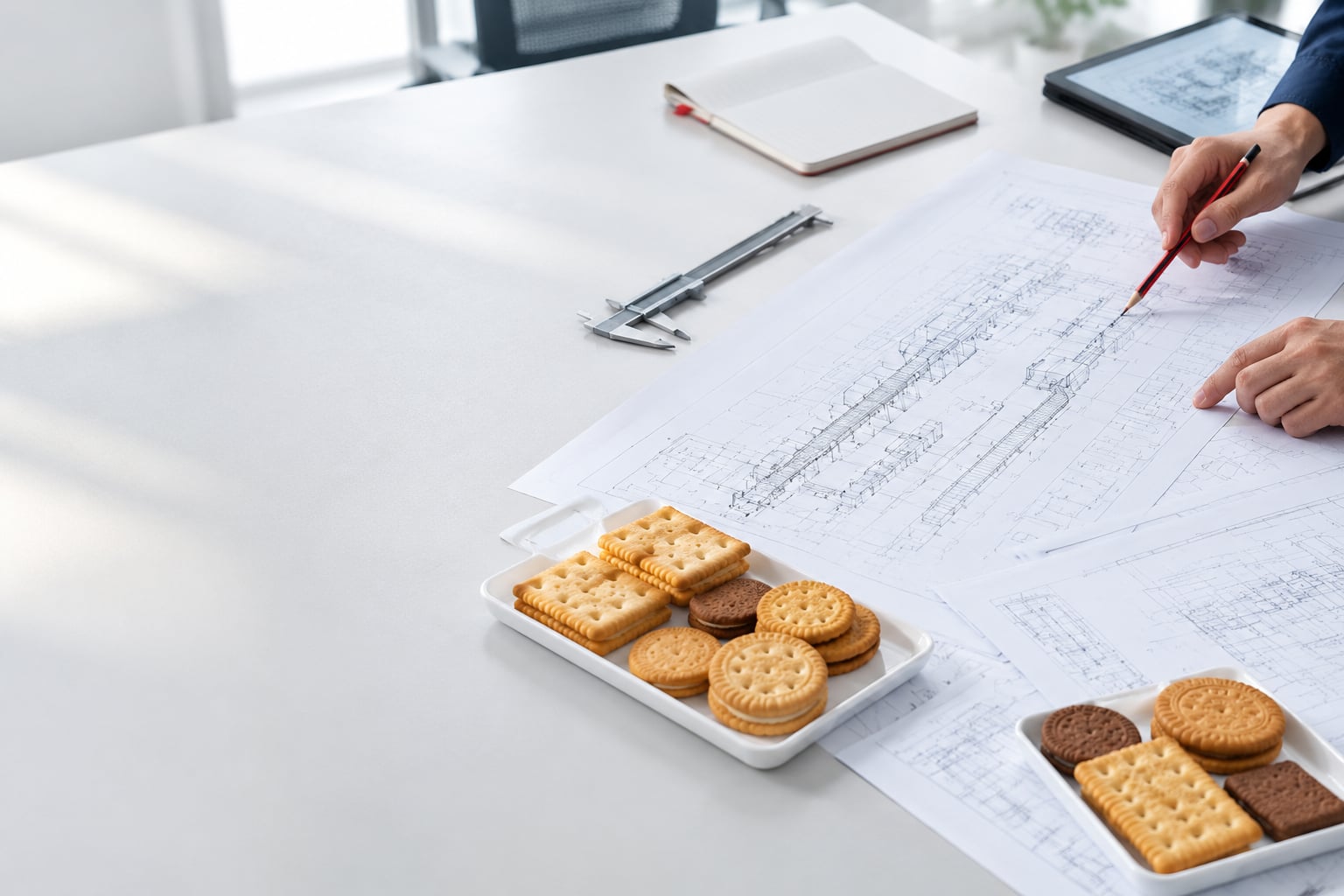Biscuit samples and production drawings on an engineering review table