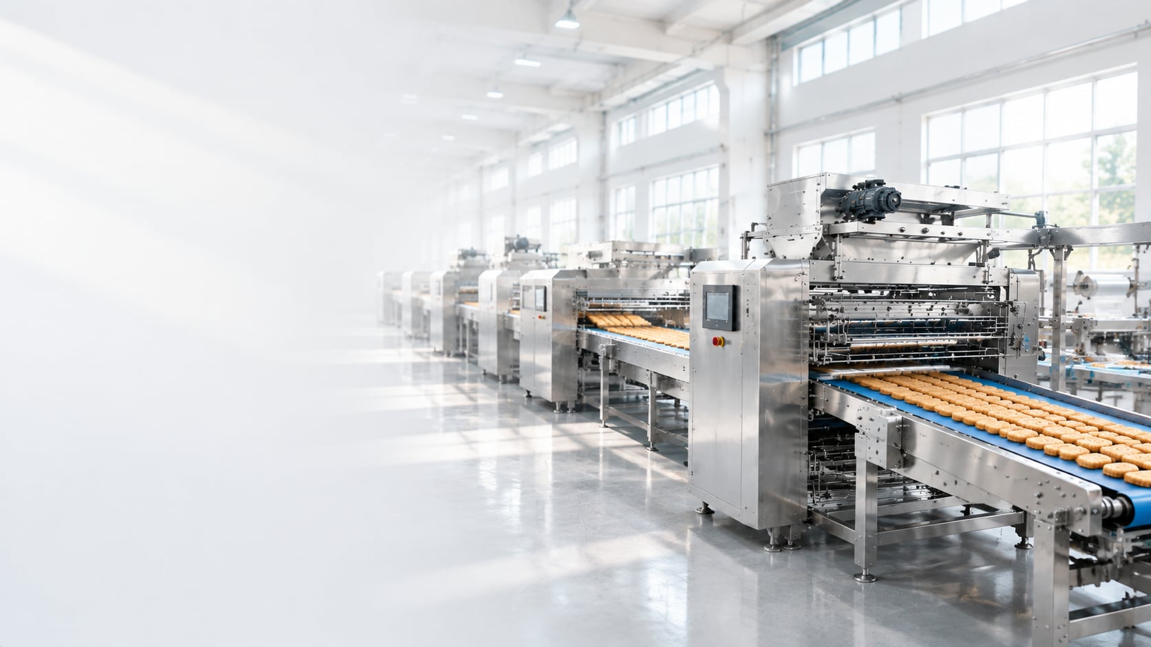 Wanttone biscuit production line with biscuits moving along blue conveyor belts
