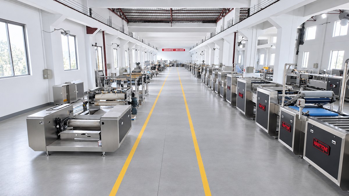 Rows of Wanttone biscuit machinery prepared for assembly and factory testing