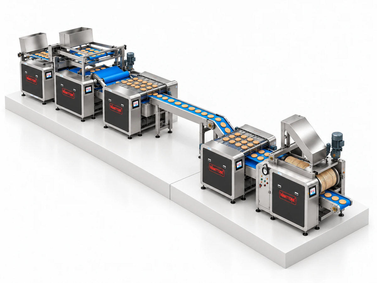 Illustrative scene of biscuit production equipment arranged for a capacity-expansion review