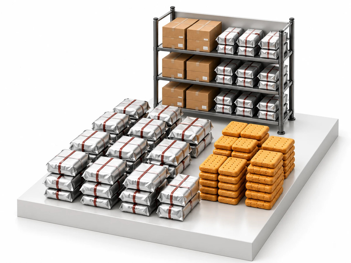 Illustrative scene of compressed biscuits, wrapped ration packs and storage shelving