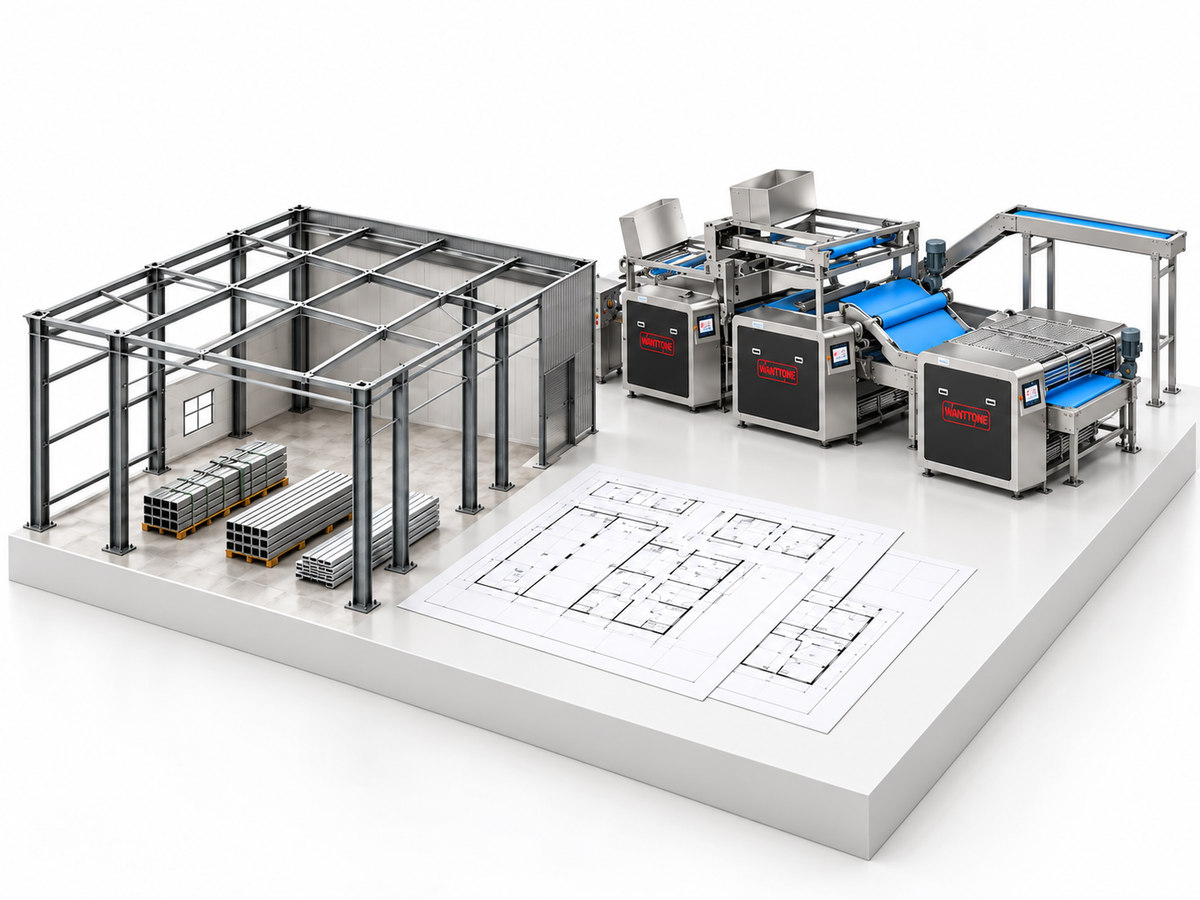 Illustrative scene of a biscuit factory building and production-layout plan