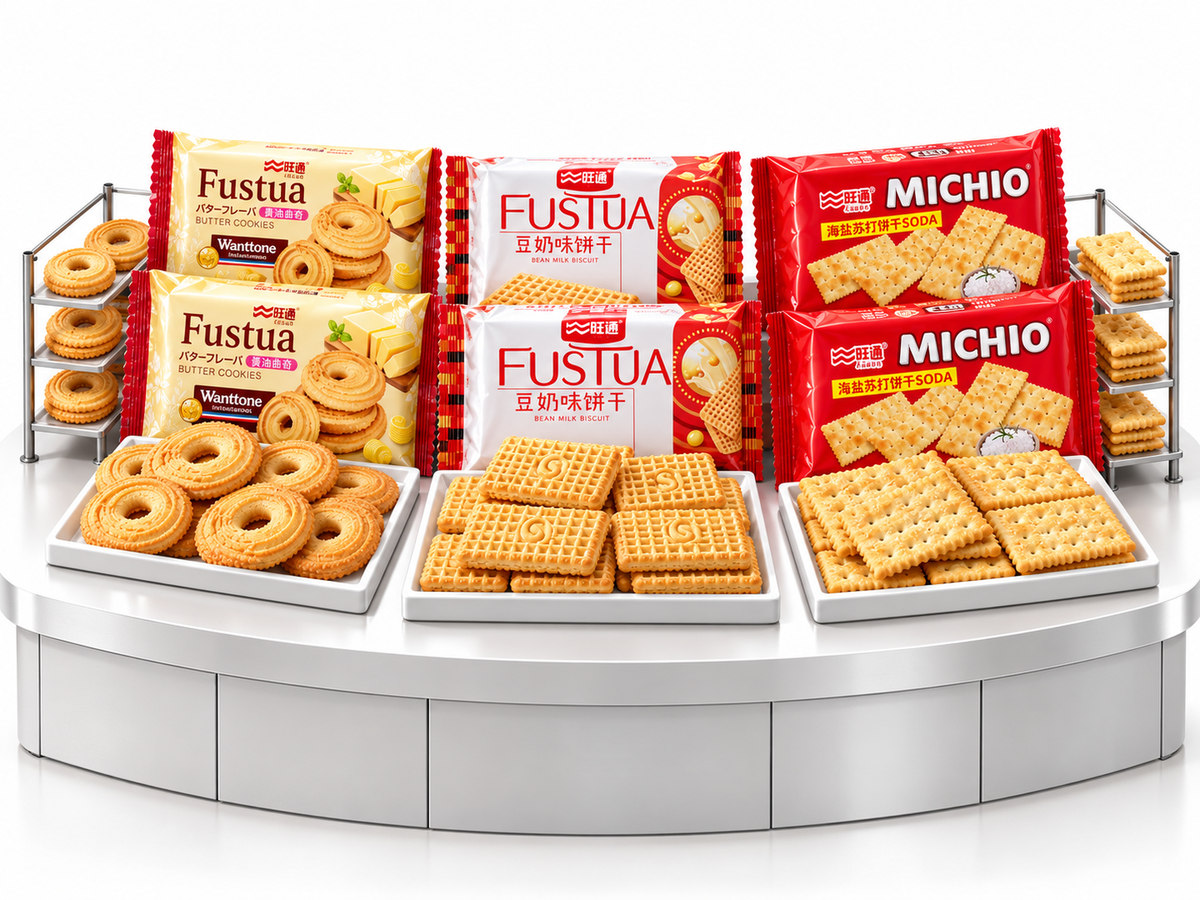 Illustrative scene of retail biscuit packs and samples for reviewing a product range