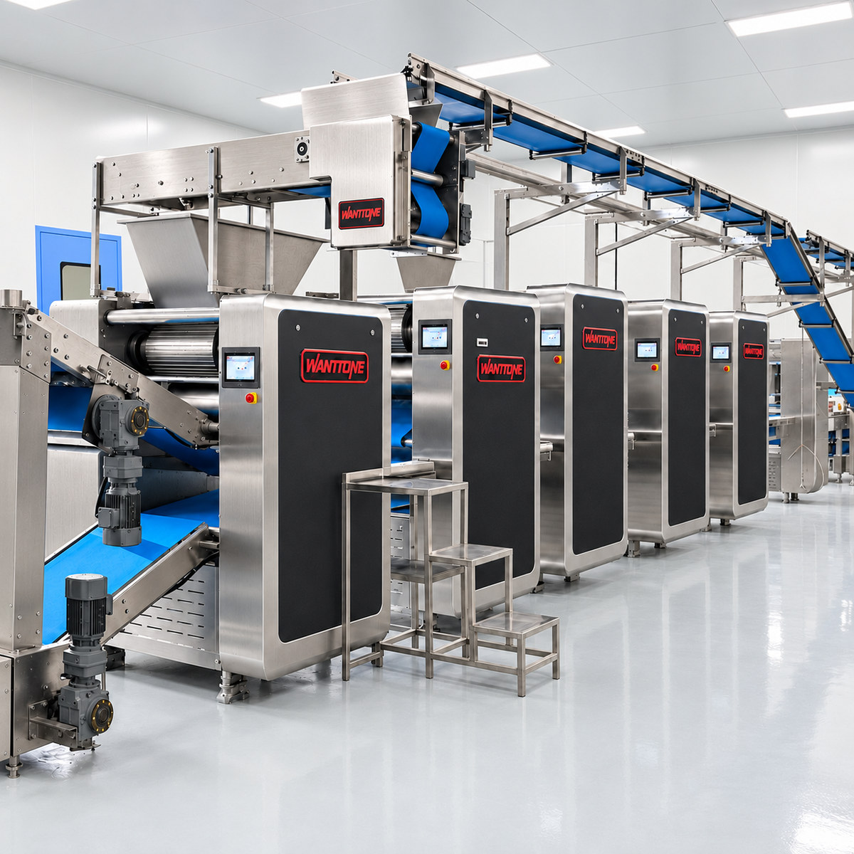 Continuous biscuit sheet-forming equipment with rollers and an overhead return belt
