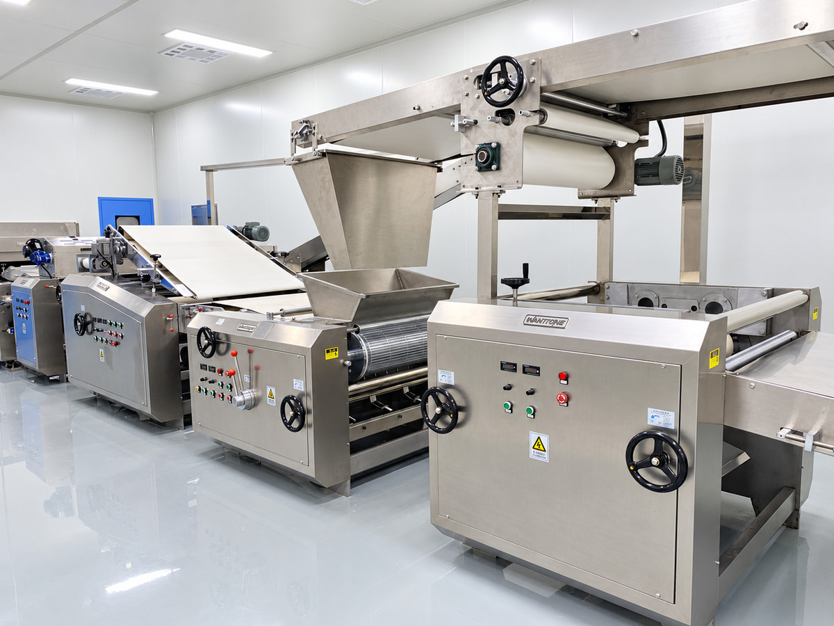 Wanttone rotary-moulded biscuit line with dough hoppers and forming rollers