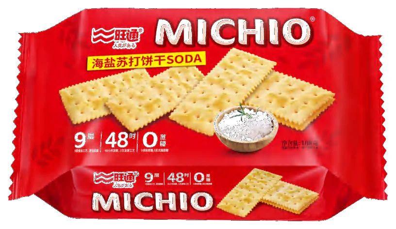 Red Michio sea salt soda cracker pack showing rectangular crackers