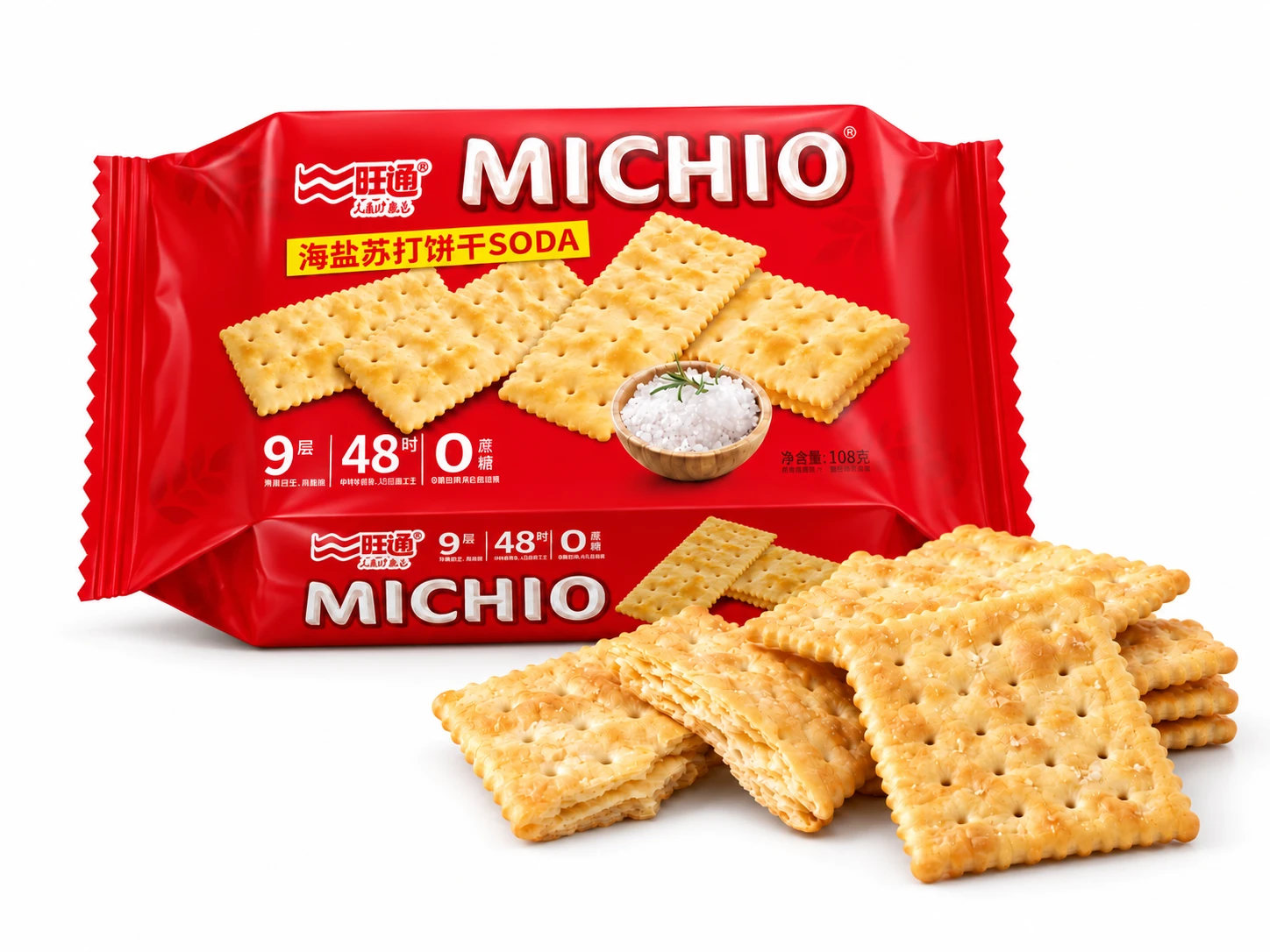Classic soda crackers with a red MICHIO retail pack on white, catalog-based visualization