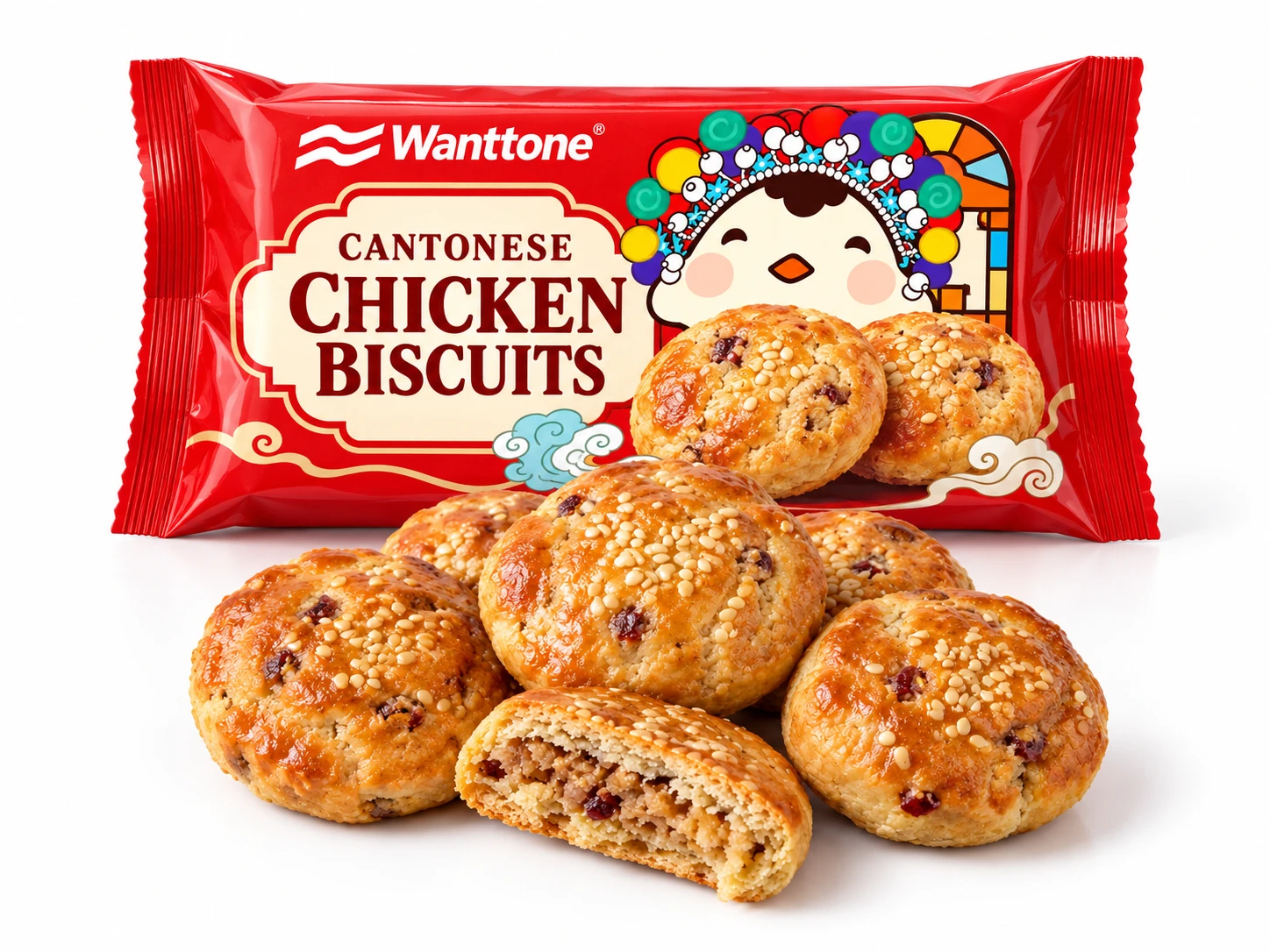Wanttone Cantonese chicken biscuit bag with matching round sesame pastries on white