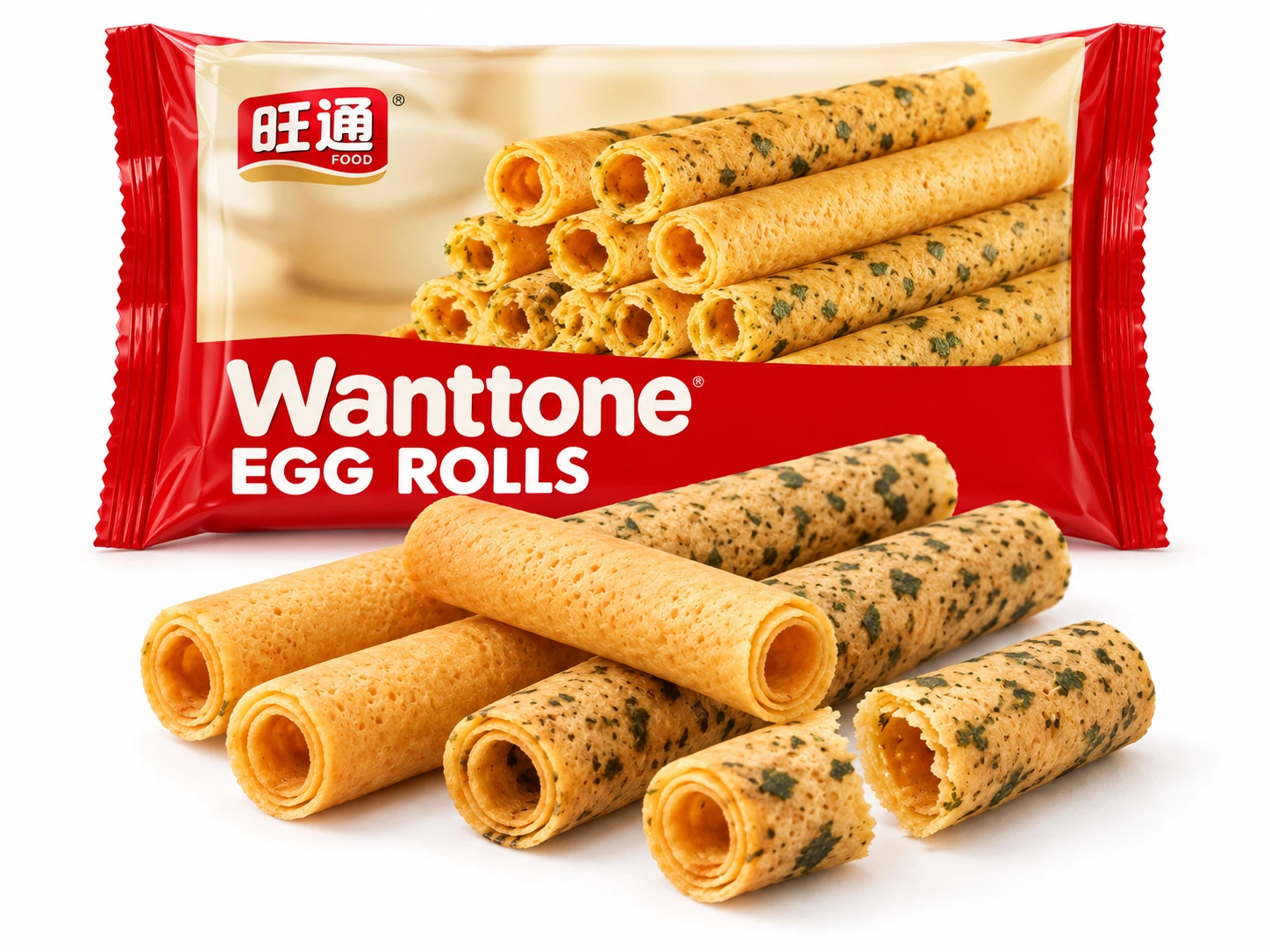 Wanttone egg roll bag with matching plain and seaweed-flecked hollow egg wafers on white