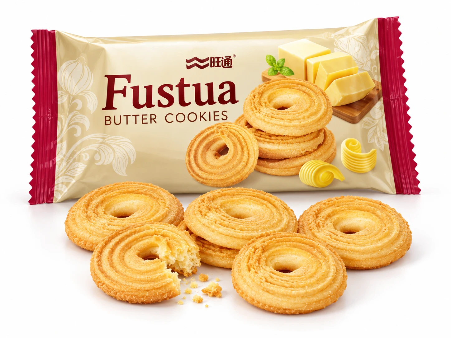 Fustua european milk butter cookie retail bag with matching biscuits on white