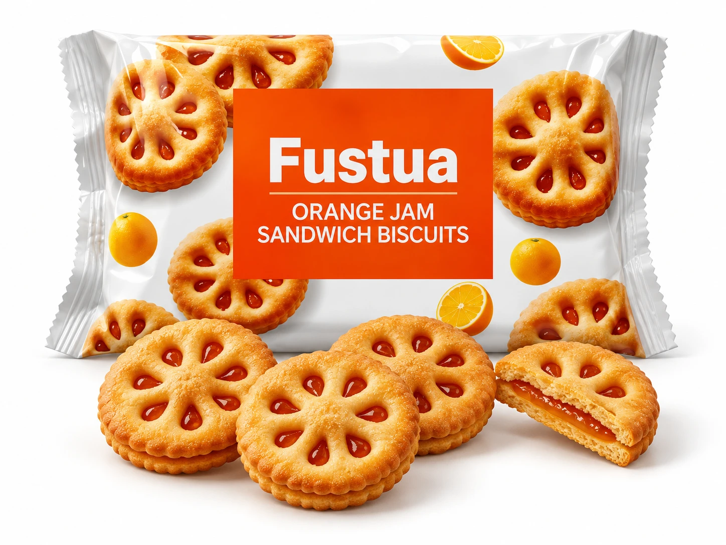 Fustua orange jam sandwich biscuit bag and matching petal-window biscuits on white