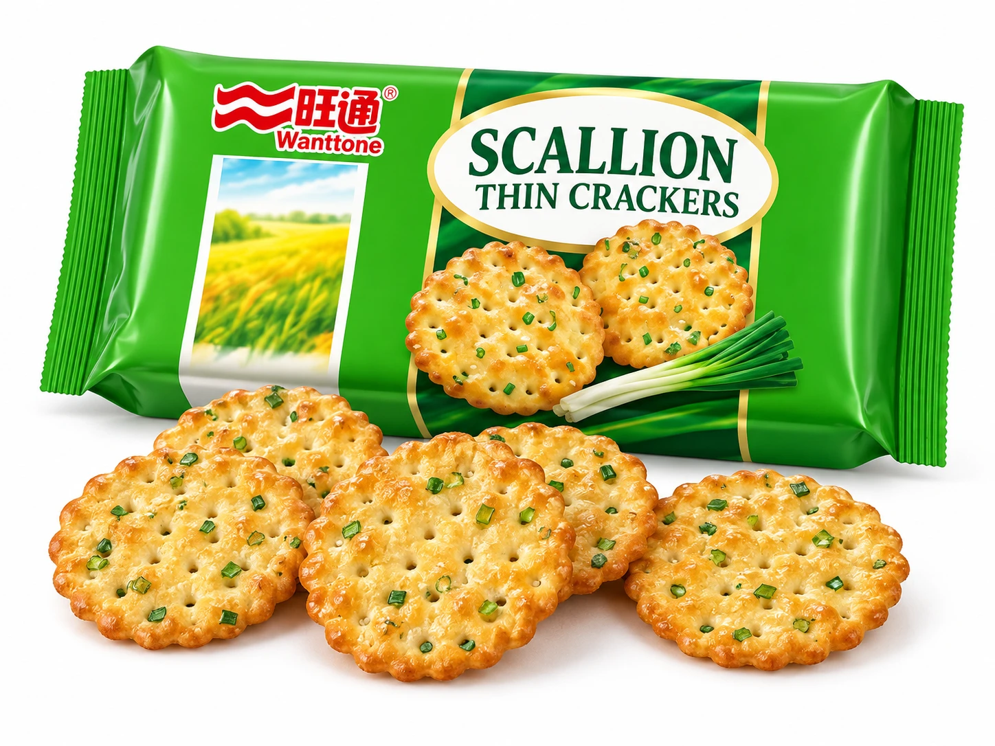 Wanttone scallion oil thin cracker retail bag with matching biscuits on white