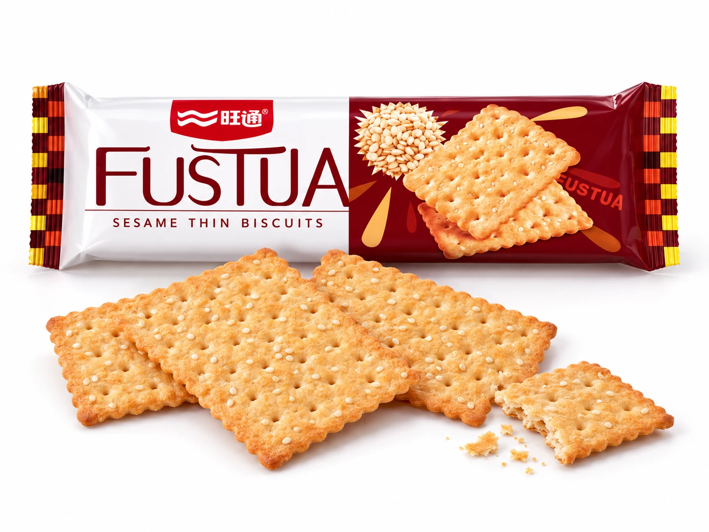 Fustua sesame thin biscuit retail bag and matching biscuits on white