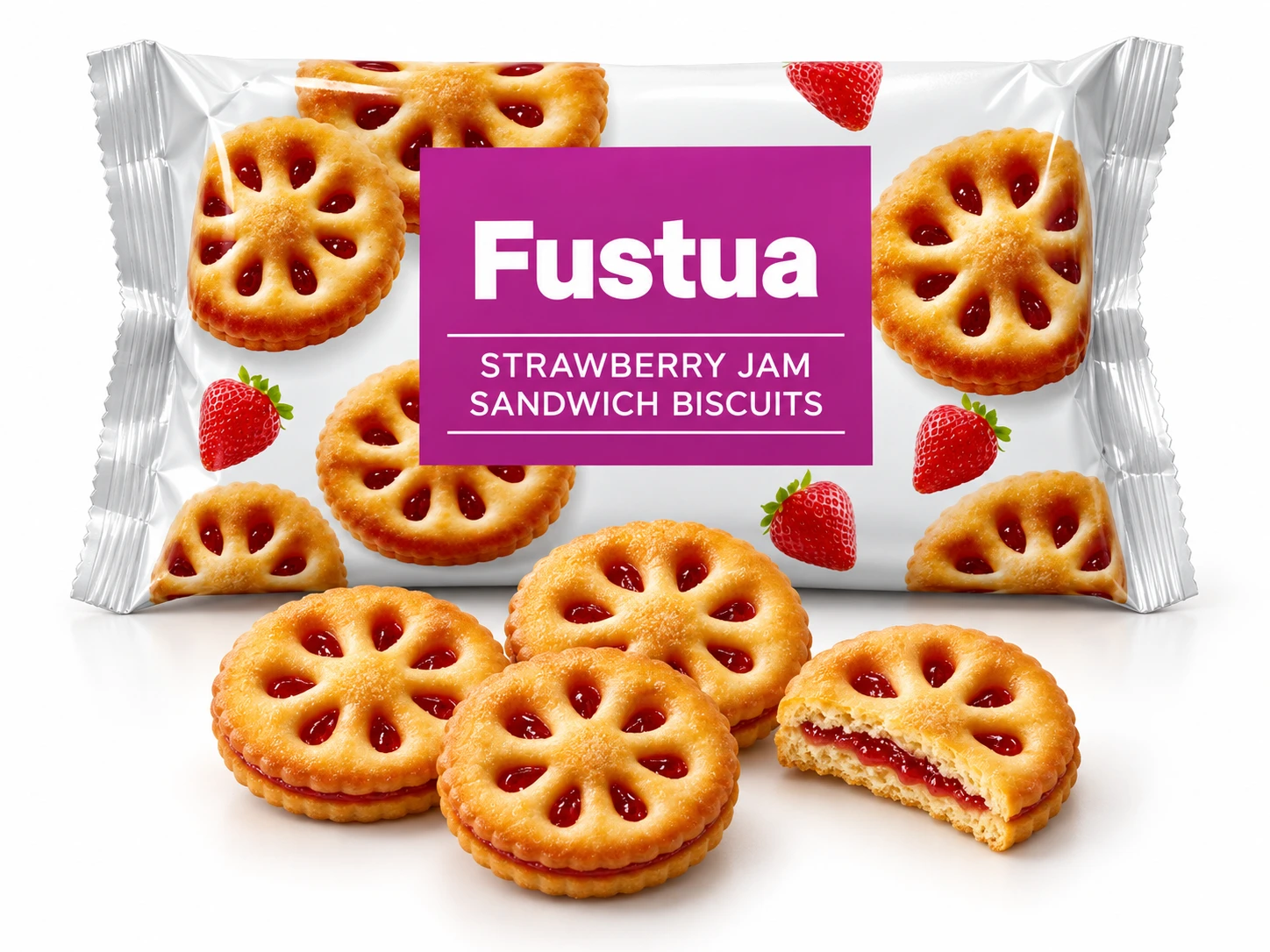 Fustua strawberry jam sandwich biscuit bag and matching petal-window biscuits on white