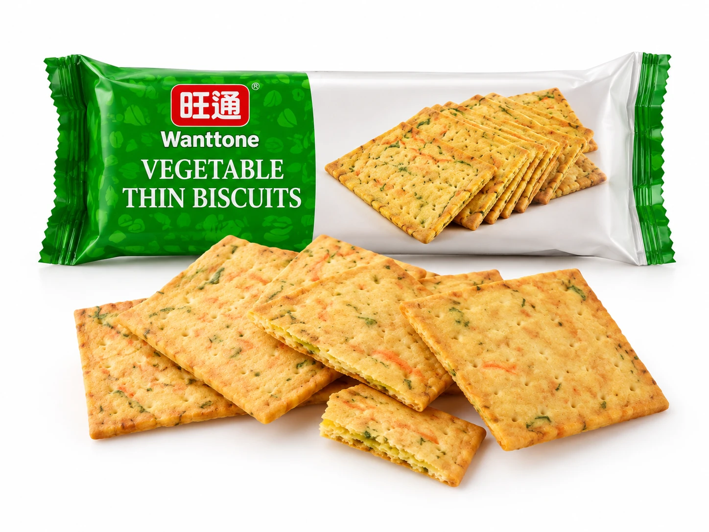 Wanttone vegetable thin biscuit retail bag and matching biscuits on white