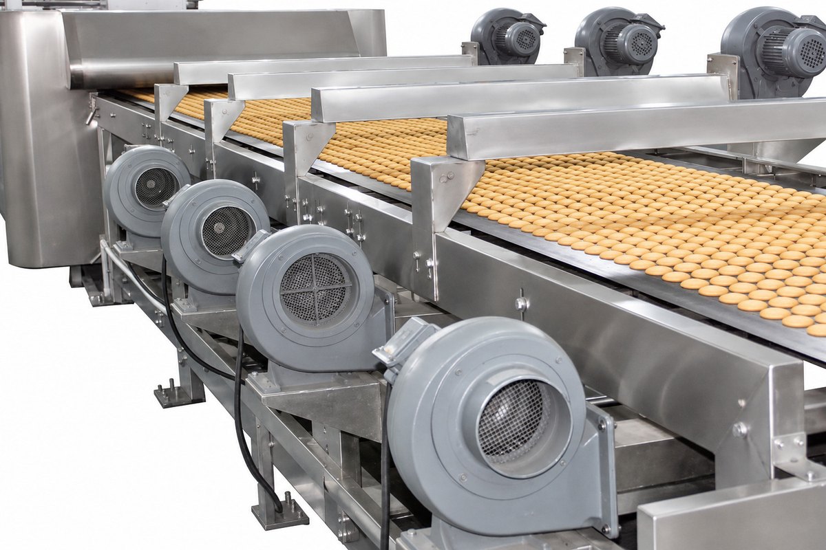 Baked biscuits passing along an air-cooling conveyor