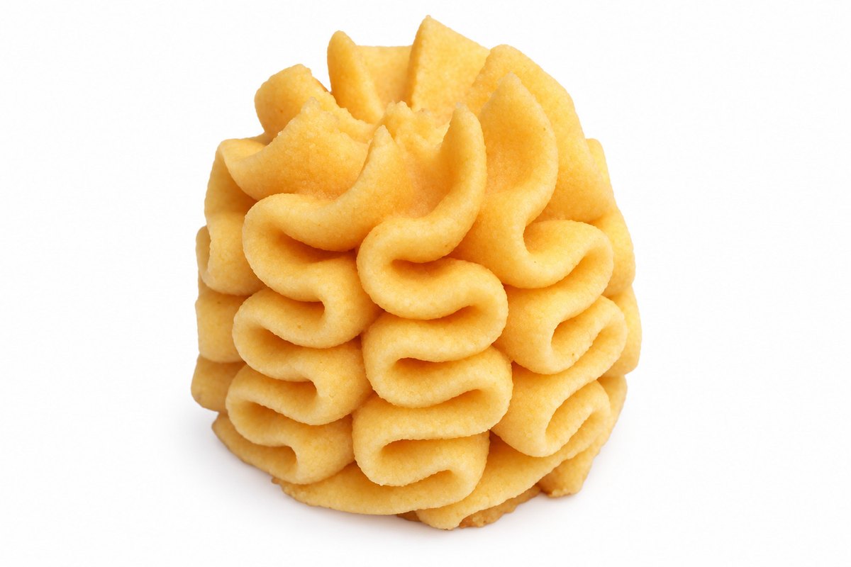 Finished piped cookie showing its ridged deposited shape