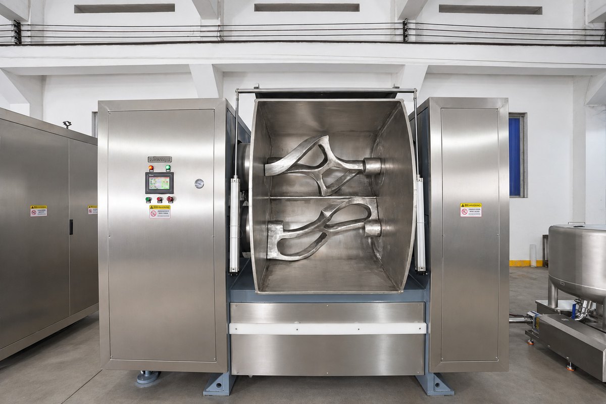 Open horizontal mixing chamber showing the mixing blades