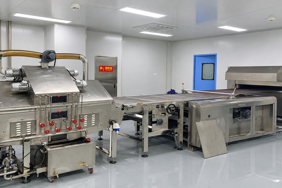 Oil spraying equipment connected to a biscuit production line