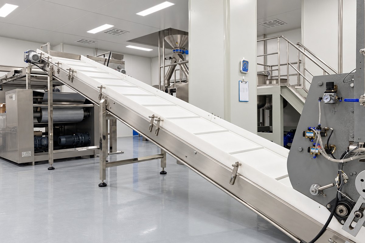 Inclined conveyor carrying dough to the next operation