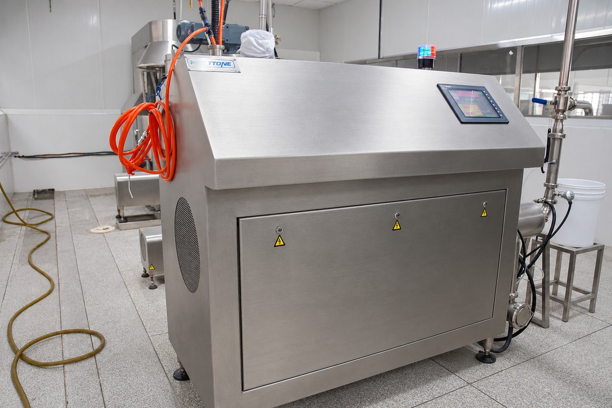 Aeration unit control cabinet with its touchscreen and connected outlet pipework in the factory