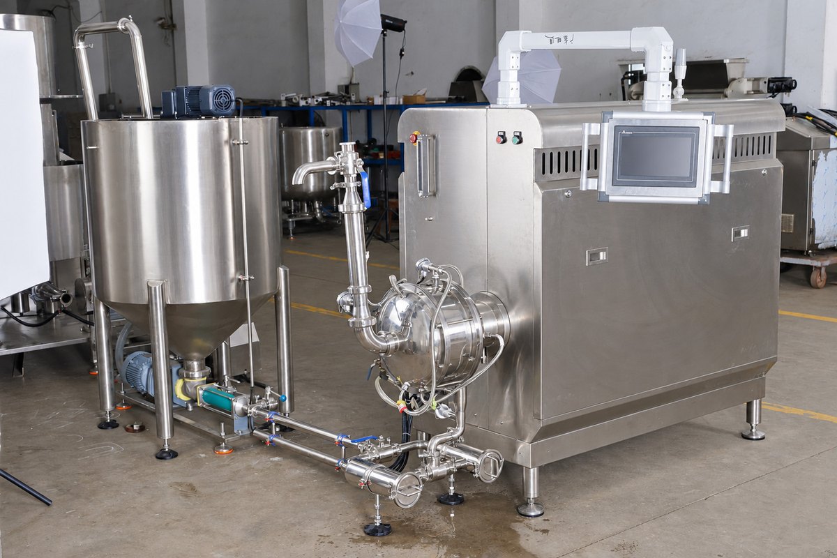 Retouched original cake batter aeration unit with holding tank, sanitary piping and pumps
