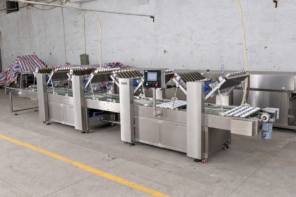 Retouched original cupcake paper cup placing equipment with cup trays and conveyors
