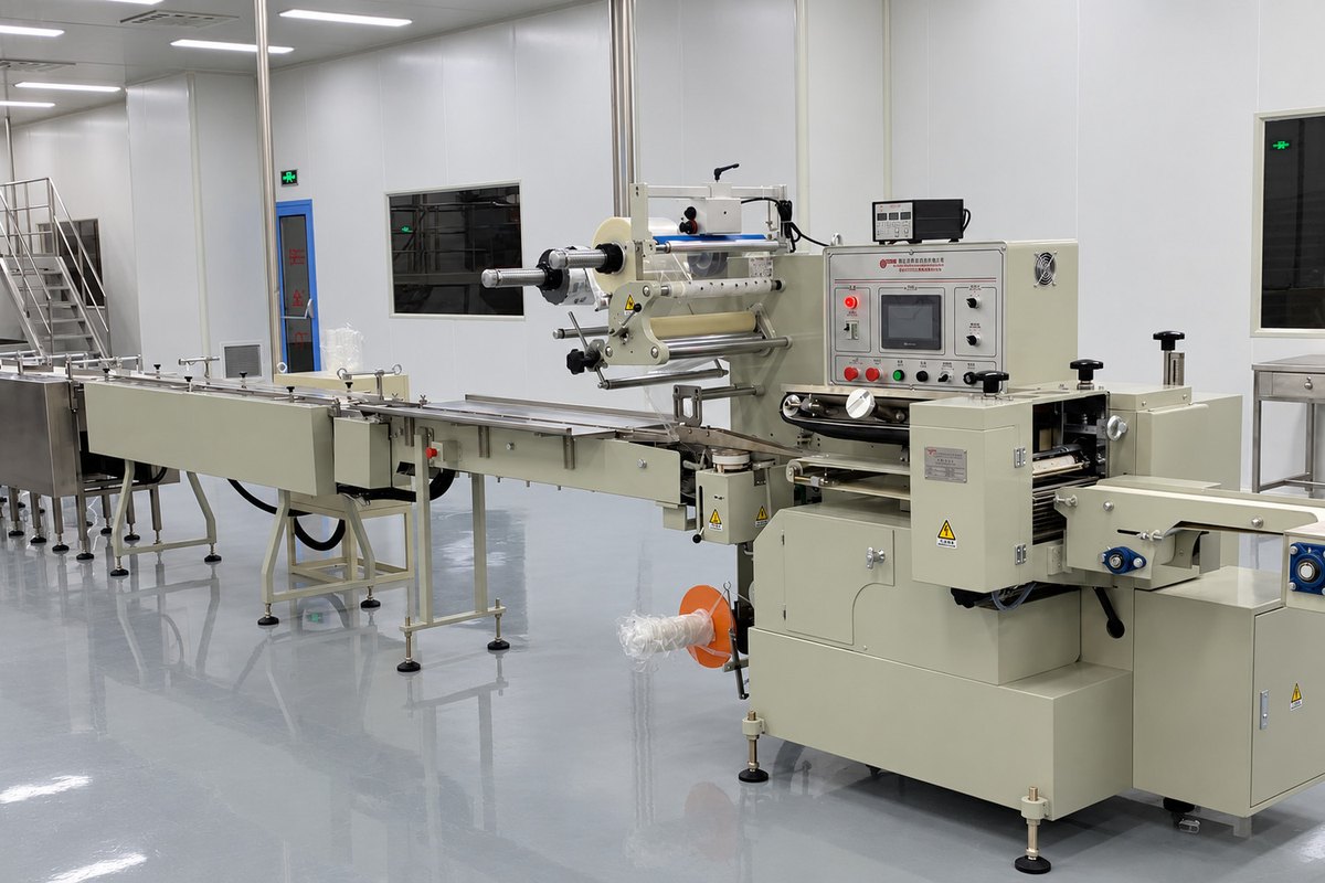 Horizontal inner-film wrapping station with film reels, product infeed and sealing section in a compressed-biscuit line