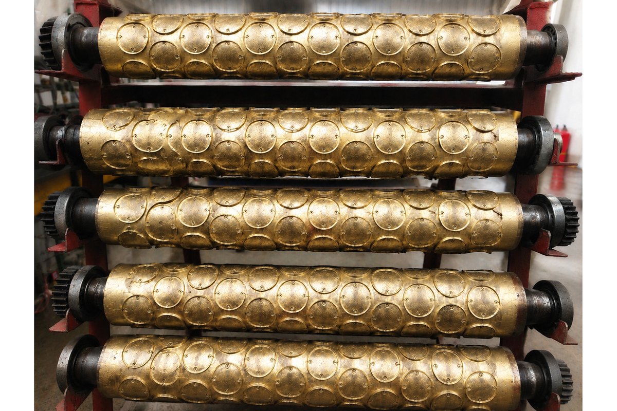 Original workshop photograph showing five copper biscuit mould rollers and their existing engraved patterns