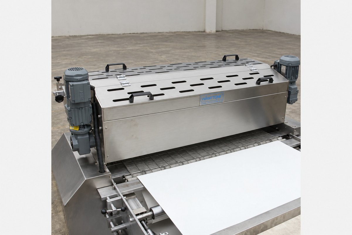 Oblique original view of a sprinkle machine with slotted steel cover, black handles, drive motors and mesh conveyor