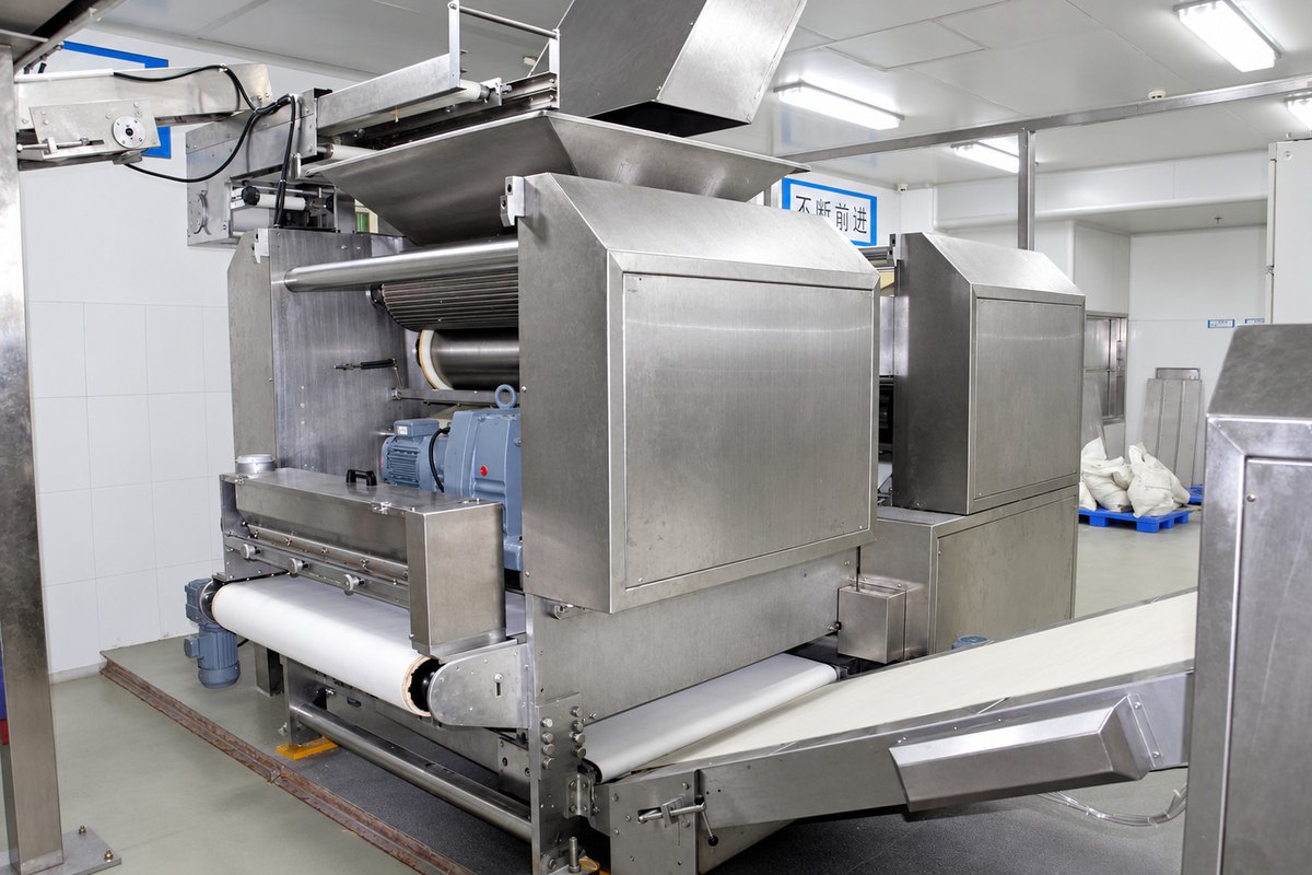 Biscuit dough laminating equipment and feed conveyors installed in a layered-biscuit line