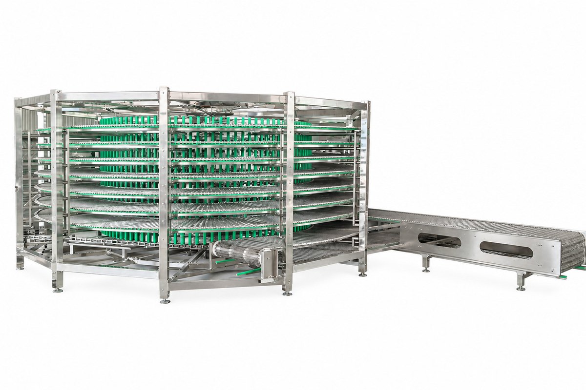 Original spiral conveyor with layered green belt guides and a horizontal discharge belt