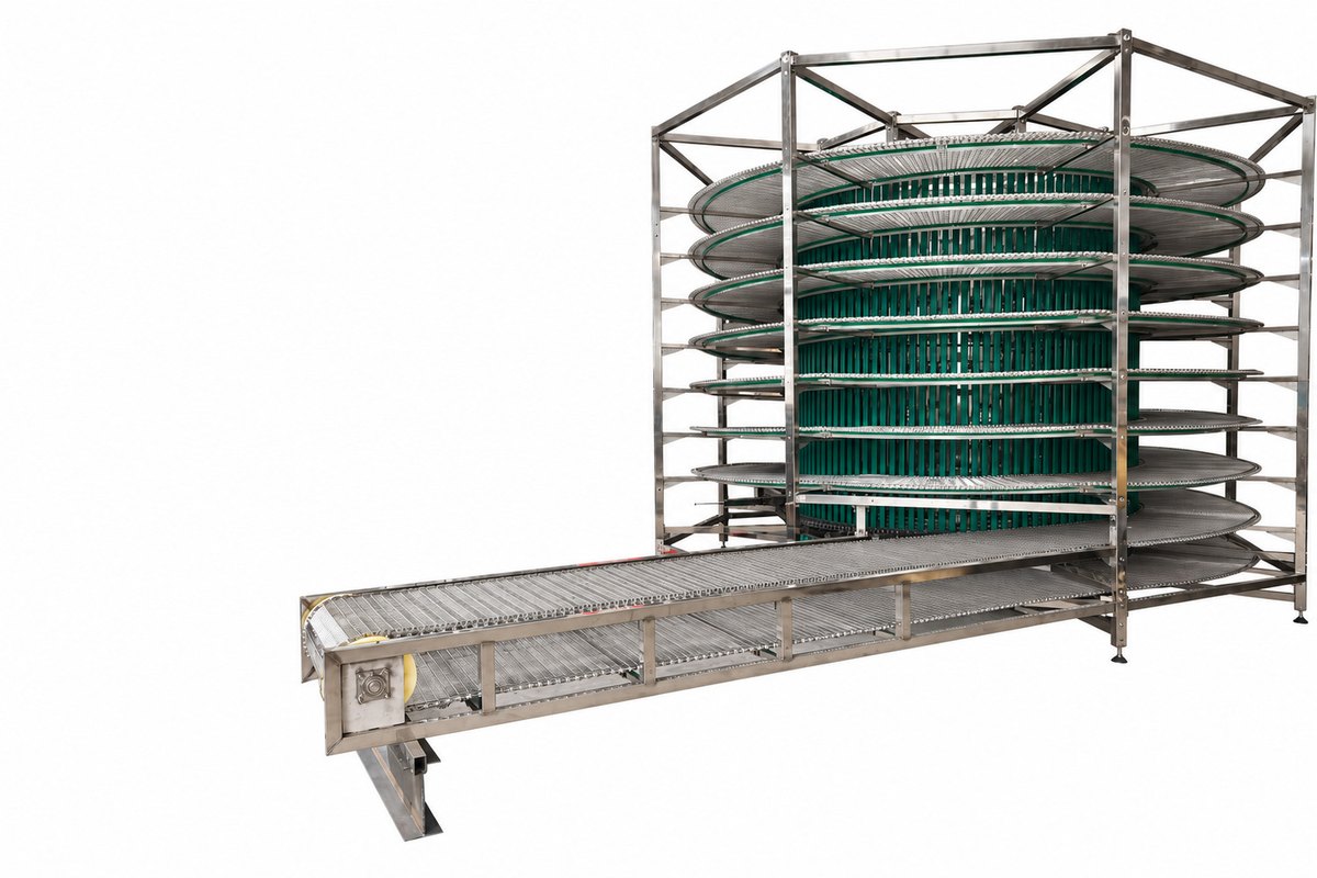 Original spiral cooling tower showing its cage, green belt guides and projecting conveyor