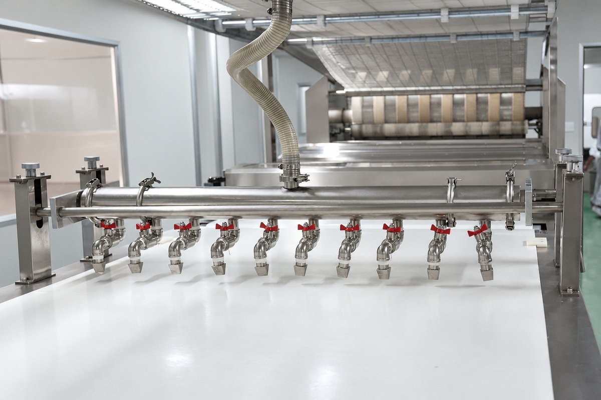 Retouched original cake cream spreading manifold with ten valves above an empty white conveyor