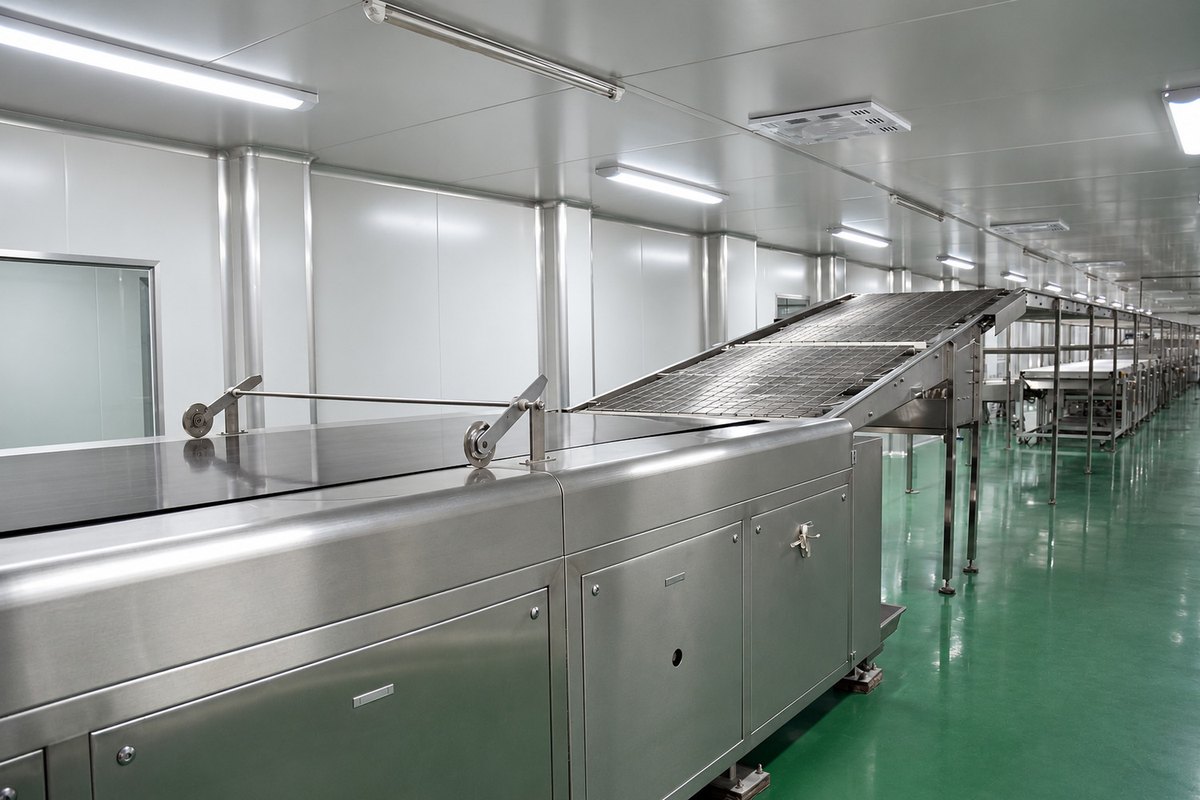 Retouched original cake steel-belt oven discharge connecting to an empty inclined conveyor