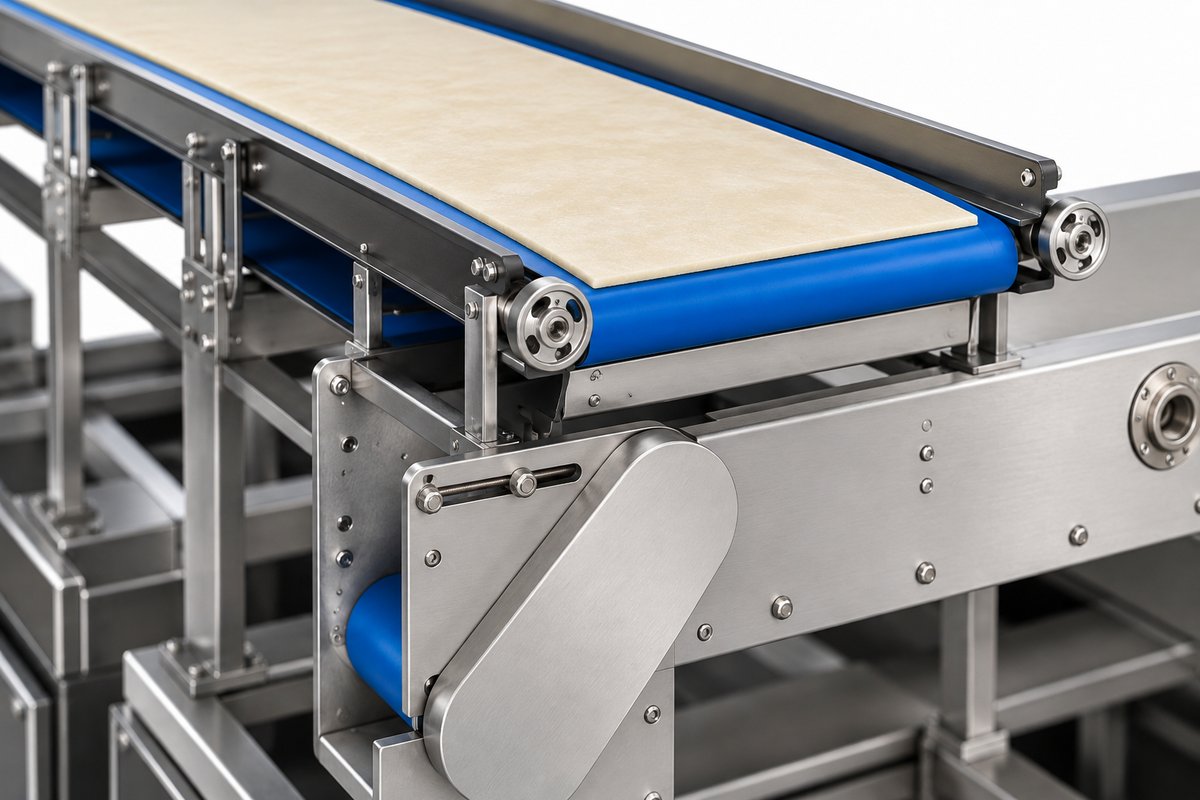 Prepared potato dough conveyed on the baked chip production line's food-grade belt