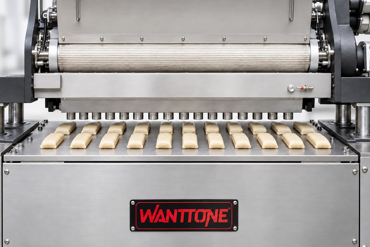 Raw filled cookie portions resting on the original stainless-steel receiving surface beneath the forming outlet