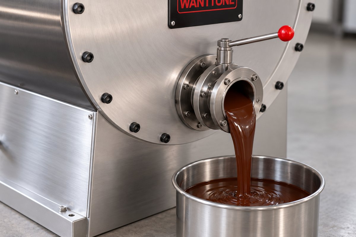 Warm refined chocolate flowing from the conche refiner discharge valve into a stainless-steel vessel