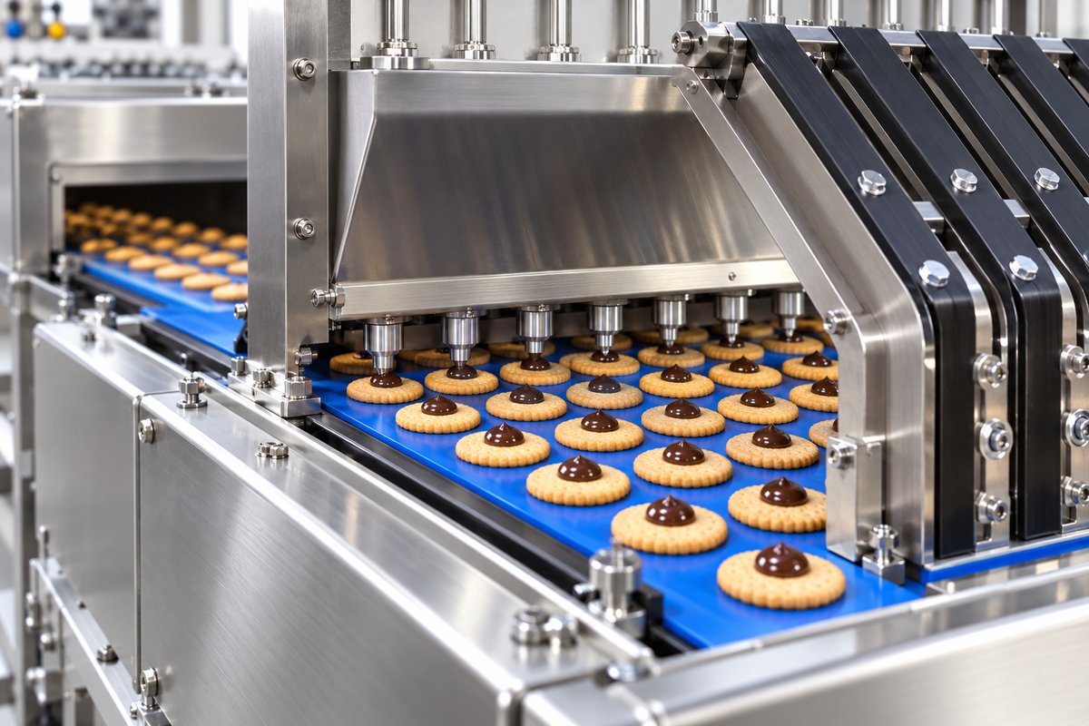 Chocolate-topped biscuits conveyed beneath the depositing head toward the cooling tunnel