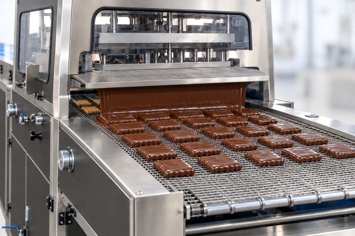 Biscuits passing through the chocolate coating section on its original mesh belt